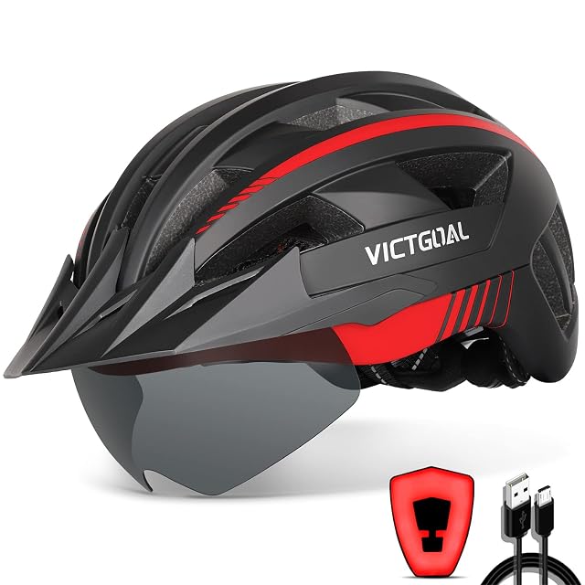Casque VTT Victgoal avec son masque magnétique en place et sa LED arrière visible