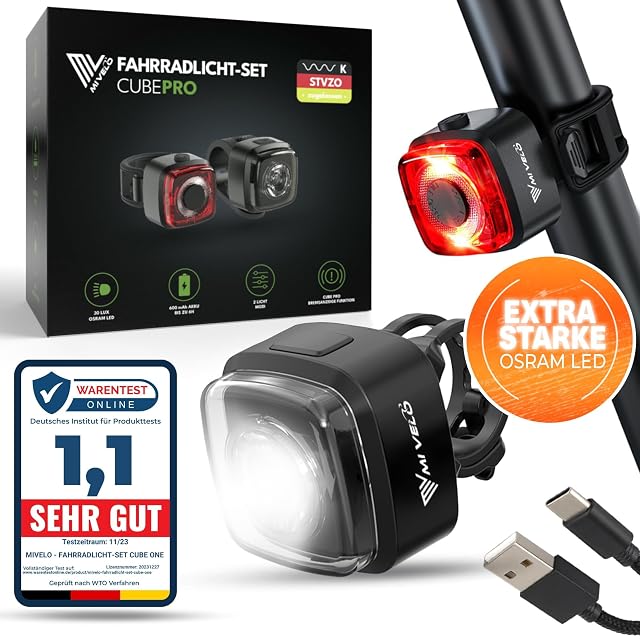 Kit d'éclairage vélo MIVELO Cube PRO, lampes avant et arrière de forme cubique