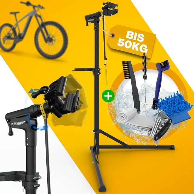 Pied d'atelier vélo Tarpofix tenant un VAE à hauteur de travail