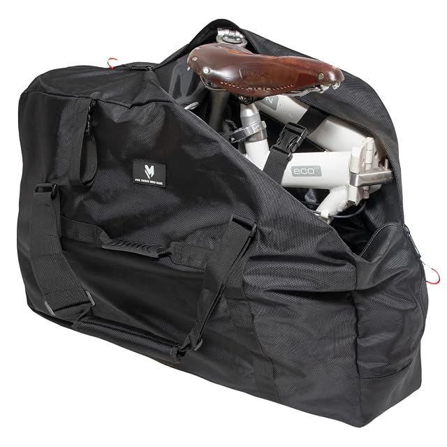 Housse pour vélo pliant lamaki avec un vélo replié dedans et sa bandoulière
