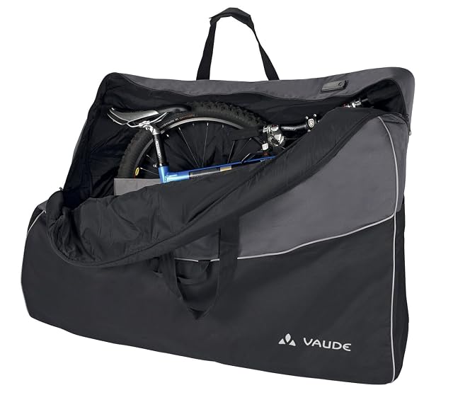 Housse VAUDE Big Bike Bag noire, posée à plat et ouverte