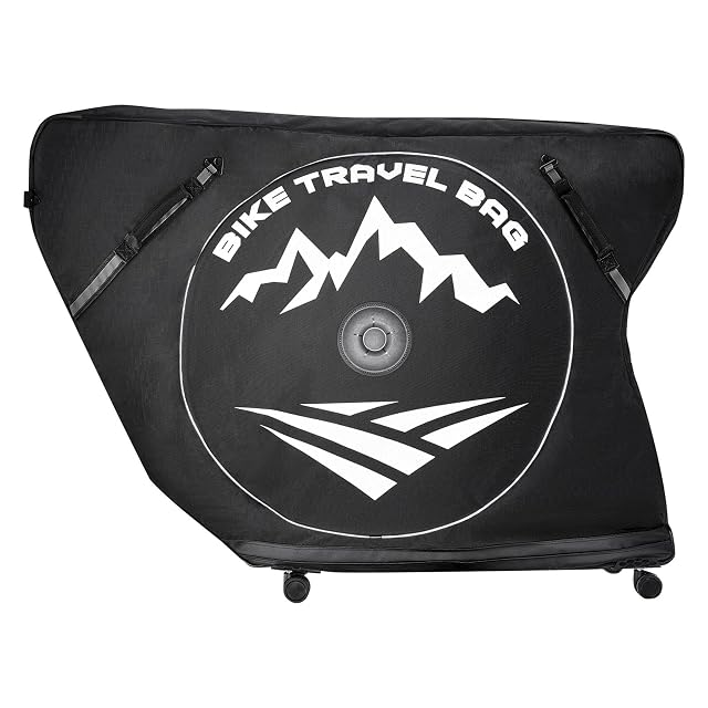 Housse de voyage vélo VEVOR triathlon sur ses roulettes, cadenas TSA visible