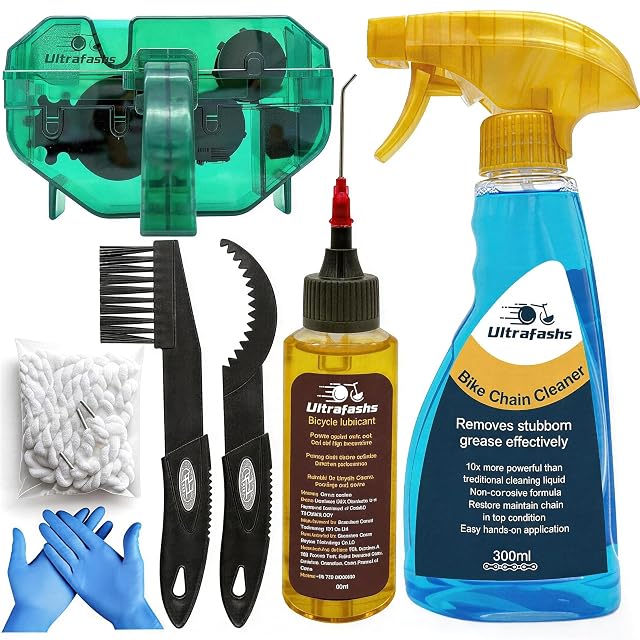 Kit de nettoyage vélo Ultrafashs sept pièces avec dégraissant, lubrifiant et brosses