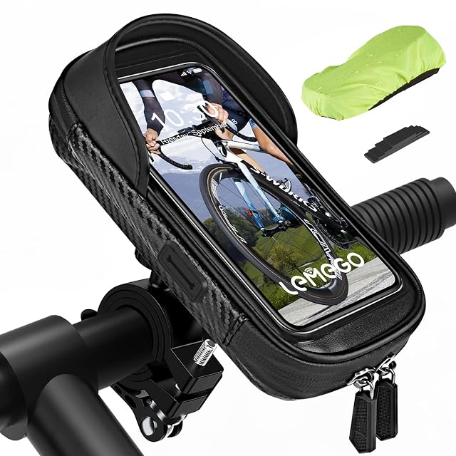 Sacoche téléphone étanche LEMEGO montée sur un cintre de vélo